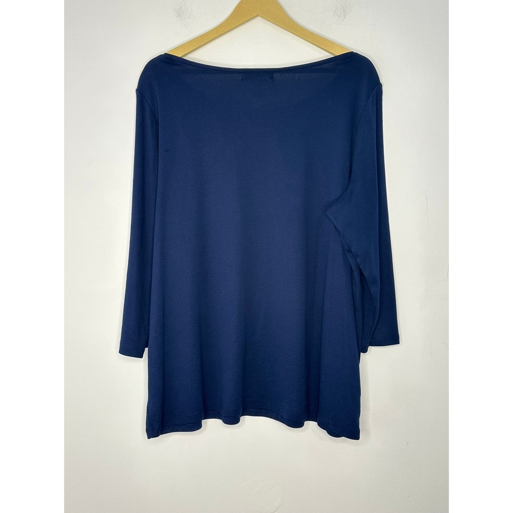 Lauren Ralph Lauren Top Women 3X Navy Blue Floral Boat Neck 3/4 Sleeve Cotton - Picture 7 of 8